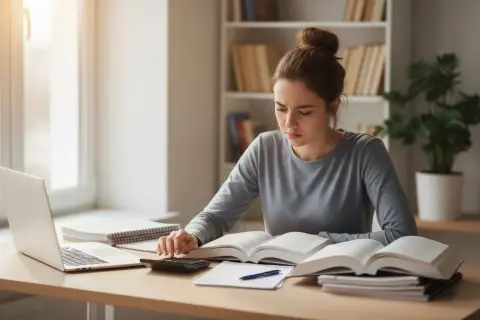 Młoda kobieta z włosami upiętymi w kok uczy się do matury, korzystając z laptopa, książek i kalkulatora.