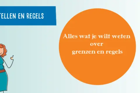 Twee getekende personen, een man en een vrouw, staan naast elkaar. De tekst "Grenzen stellen en regels" en "Alles wat je wilt weten over grenzen en regels" suggereert dat dit gaat over het creëren van structuur, wat soms kan leiden tot geen warme famil...