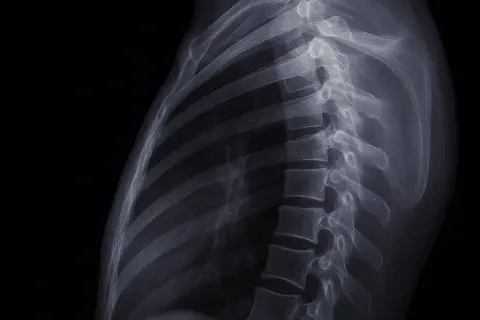 RTG kręgosłupa piersiowego. Widoczne żebra i kręgi. Obraz może pomóc w diagnostyce objawów neurologicznych.