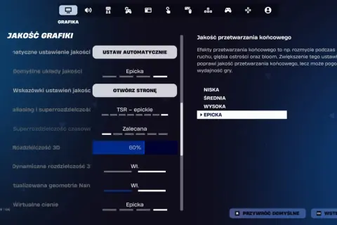 Ustawienia grafiki Fortnite: jakość przetwarzania końcowego na "Epicka" dla najlepszych efektów wizualnych.
