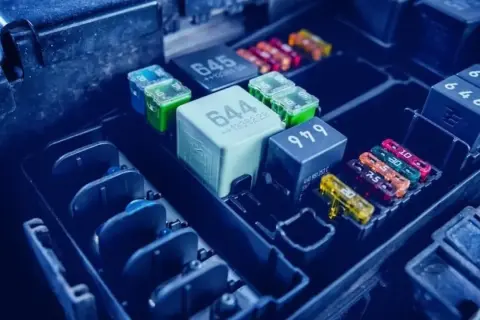 Caja de fusibles de coche con varios fusibles de colores y relés.