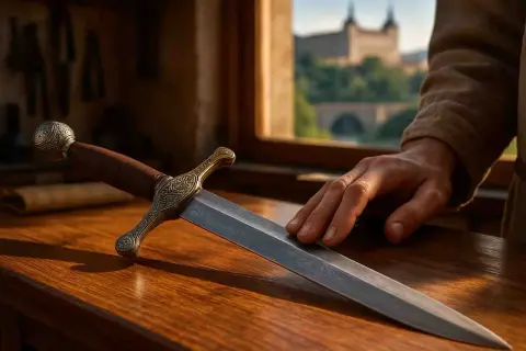 Una mano acaricia una espada con empuñadura ornamentada, un ejemplo de los legendarios aceros de Toledo, con una vista de la ciudad al fondo.
