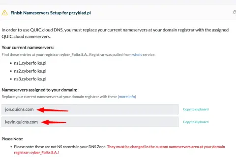 Konfiguracja QUIC.cloud DNS dla domeny przyklad.pl. Zmień obecne serwery nazw na jon.quicns.com i kevin.quicns.com.