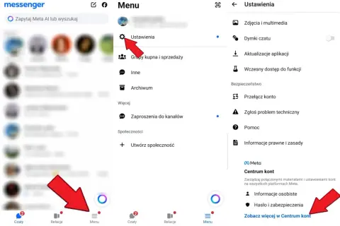 Jak przywrócić wszystkie wiadomości na Messengerze? Kliknij Menu, Ustawienia, a następnie Centrum kont, by zarządzać swoimi danymi.