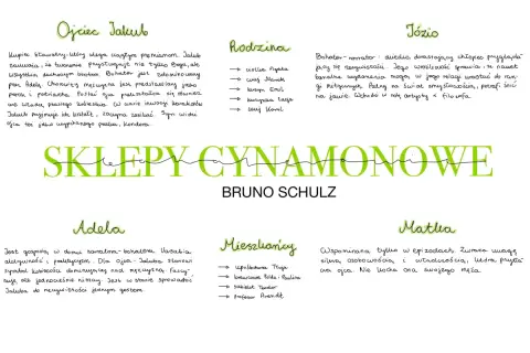 Ręcznie pisane notatki z analizą postaci i rodziny z "Sklepów cynamonowych" Bruna Schulza.