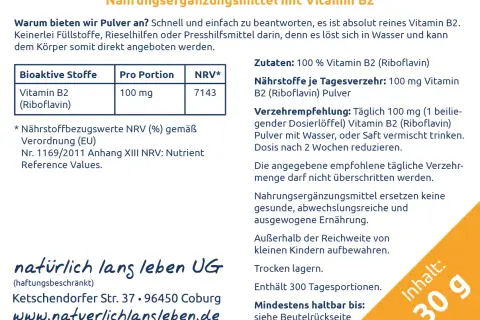 Reines Vitamin B2 (Riboflavin) Pulver, 100 mg pro Portion. Die Riboflavin wirkung unterstützt den Körper, löst sich gut in Wasser. 30g Inhalt.