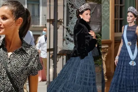 Letizia Ortiz in tre look: casual con camicia zebrata, elegante con pelliccia e tiara, e regale con abito blu e fascia.