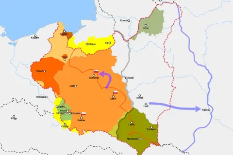 Mapa Polski z zaznaczonymi regionami w różnych kolorach i strzałkami wskazującymi ruchy.
