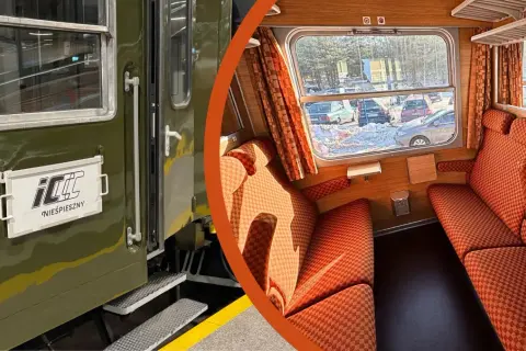 Wnętrze pociągu z pomarańczowymi siedzeniami i widokiem na śnieg za oknem. Zewnętrzna część wagonu z napisem "Nieśpieszny", jakby podróżował z Tarnowa do Lublina.