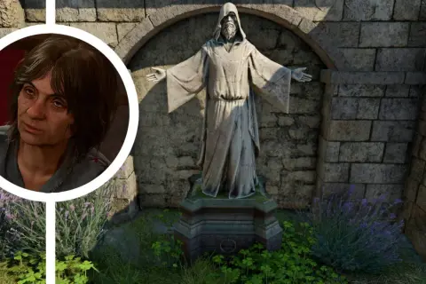 Kobieta patrzy na kamienną rzeźbę w świątyni. Czy to ona pomoże rozwiązać sprawę morderstw w świątyni otwartej dłoni?