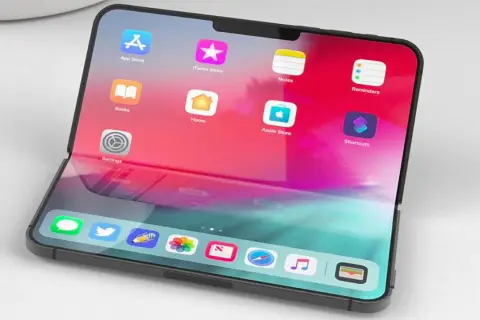 Koncepcyjny iPhone flip z ekranem podzielonym na dwie części, wyświetlający ikony aplikacji.