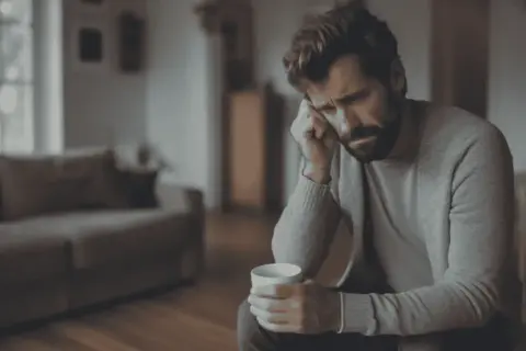 Man med en kopp i handen, med handen mot tinningen, ser nedstämd ut. En känsla av medelsvår depression.