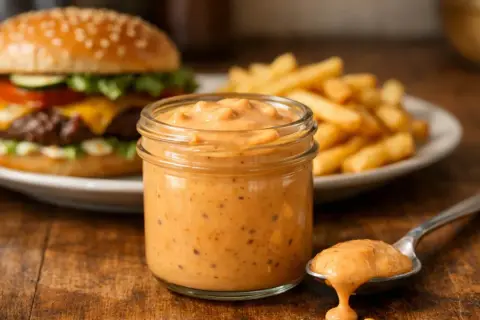 Słoiczek z kremowym, pomarańczowym sosem jak z mcdonalda, obok burger i frytki.