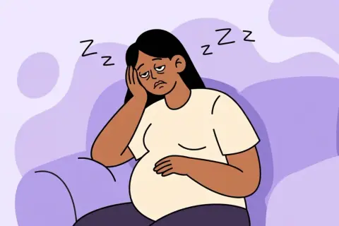 Ilustración de una mujer embarazada con cansancio extremo en el primer trimestre, apoyando la cabeza en la mano y con ojeras.