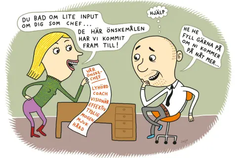 En kvinna presenterar en lista med bra chef egenskaper för en manlig chef. Han verkar lite överväldigad.