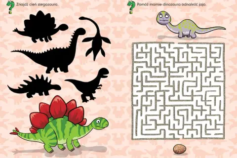 Zadanie dla małych odkrywców: znajdź cień stegozaura i pomóż mamie dinozaura odnaleźć jajo, rozwiązując labirynt. To świetna zagadka o dinozaurach!