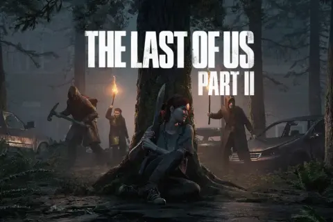 Ellie i inni bohaterowie w mrocznym lesie, przygotowani do walki. To zapowiedź emocjonujących **grach akcji** The Last of Us Part II.