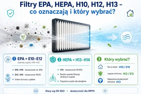 Ilustracja porównuje filtry EPA i HEPA, pokazując ich skuteczność w oczyszczaniu powietrza z zanieczyszczeń. Wyjaśnia, który filtr EPA lub HEPA wybrać w zależności od potrzeb.