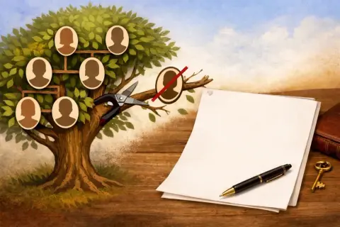 Drzewo genealogiczne z nożycami przecinającymi gałąź symbolizuje trudne postępowanie spadkowe i zmiany w rodzinie.