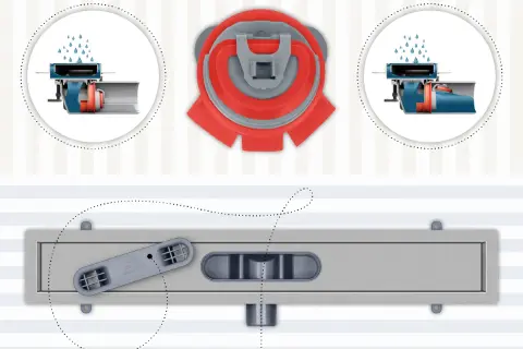 Schemat odpływu liniowego z mechanizmem zapobiegającym, gdy śmierdzi z odpływu liniowego.