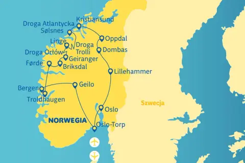 Mapa Norwegii z zaznaczonymi trasami: Droga Atlantycka, Droga Orłów, Geiranger, Bergen, Oslo. Idealne miejsca, gdzie warto pojechać!