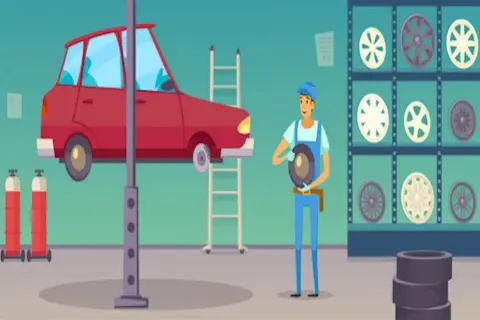 Mechanik w warsztacie z czerwonym Peugeot 206 na podnośniku, zastanawia się, jakie opony do peugeot 206 wybrać, przeglądając zapas felg.