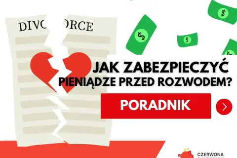Rozdarty dokument "DIVORCE" i serce symbolizują trudności. Poradnik "Jak zabezpieczyć pieniądze przed rozwodem" i spadające banknoty sugerują pomoc w finansowych aspektach rozstania.