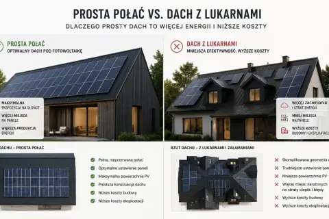 Dom typu stodoła z prostym dachem i panelami PV vs. dom z lukarnami. Prosty dach to więcej energii i niższe koszty.