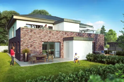 Modernes Haus mit Garten in Hamburg. Ein Kind fährt Rad, eine Frau gießt Pflanzen. Der Bodenrichtwert Hamburg ist hier hoch.