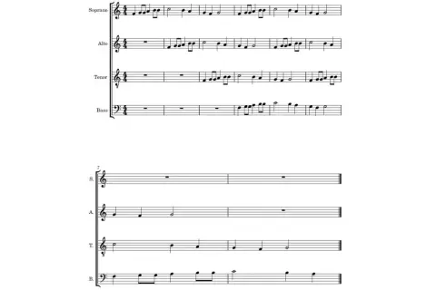 Notenblätter zeigen vierstimmige polyphonie musik für Sopran, Alt, Tenor und Bass.