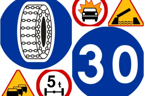 Kolekcja znaków drogowych z opisem do druku: nakaz używania łańcuchów, wypadek, most zwodzony, ograniczenie prędkości 30, korek, zakaz wjazdu pojazdów o masie powyżej 5 ton.