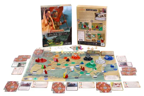 Plansza gry "Pandemic: Upadek Rzymu" z pionkami, kartami i kostkami. Gracze walczą z zarazą, by ocalić imperium.