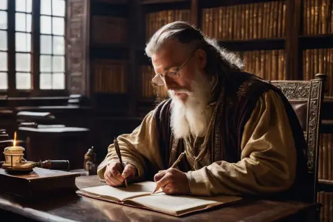 Starzec w bibliotece, pisząc piórem, opowiada historię, jak powstał Stary Testament.