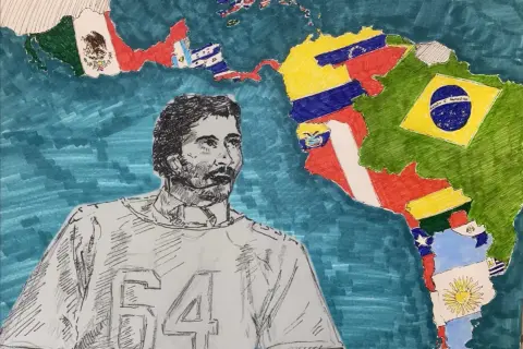 A sketch of a man with a mustache and jersey number 54 stands before a map of Latin America, its countries depicted with their flags, celebrating the region's diverse latin american artists.