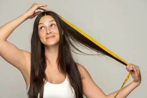 Mujer se mide el pelo con cinta métrica, curiosa por saber cuanto tarda en crecer el pelo.