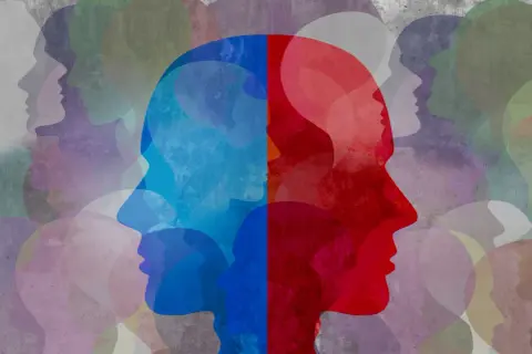 Dwie połowy głowy, niebieska i czerwona, symbolizują złożoność umysłu. Obrazek ilustruje, czym jest schizofrenia, pokazując rozdrobnienie myśli i percepcji.
