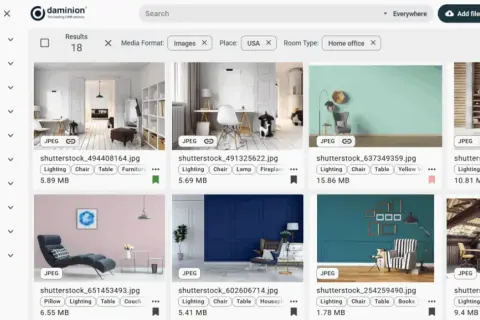 A self-hosted digital asset management interface displays various home office images, filtered by "Images," "USA," and "Home office.