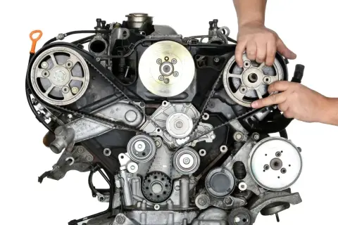 Mechanik pokazuje pasek rozrządu, kluczowy element silnika, który wymaga wymiany co określony przebieg kilometrów.