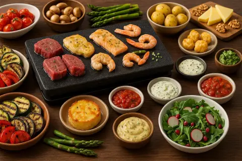 Une pierrade avec bœuf, saumon, crevettes, légumes grillés et sauces. Quel vin avec une pierrade ? Un blanc sec ou un rouge léger serait parfait.