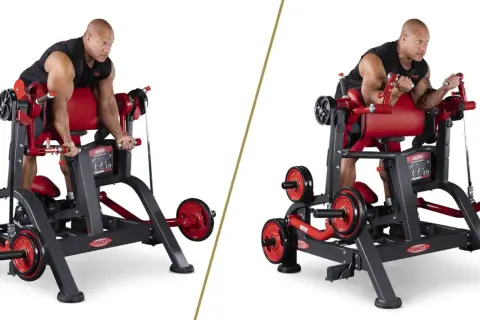 Mann trainiert Bizeps am Gerät. Der musculus brachialis wird hierbei stark beansprucht.