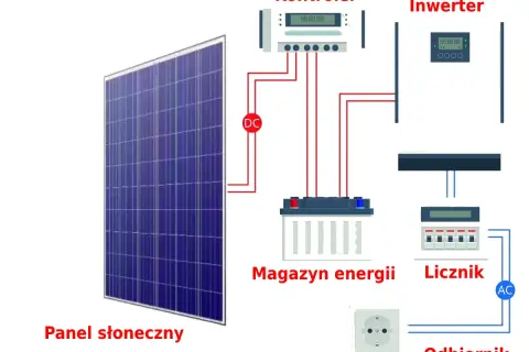Schemat pokazuje bilansowanie energii z fotowoltaiki: panel słoneczny, kontroler, magazyn energii, inwerter, licznik i odbiornik.