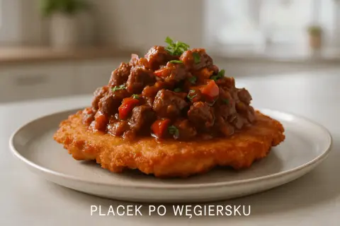 Pyszny placek po węgiersku, polany gęstym gulaszem z mięsa i papryki, ozdobiony natką pietruszki.