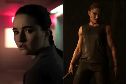 Zwei Szenen aus "The Last of Us": Links eine junge Frau mit Zopf, rechts Abby, muskulös und nass, mit einem Stock.
