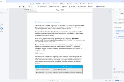 Un ebook ouvert dans un logiciel PDF, affichant des conseils de traduction pour le "Microsoft voice".