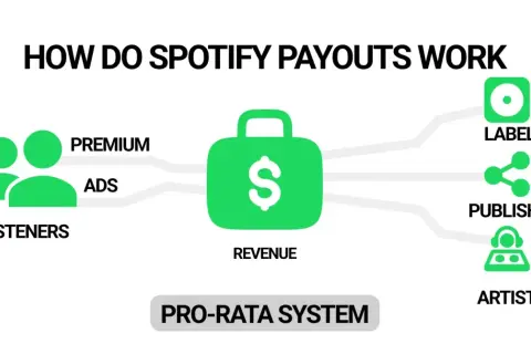 Diagram shows how Spotify revenue from listeners (premium & ads) flows to labels, publishers, and artists via a pro-rata system, illustrating what Spotify pays per stream.