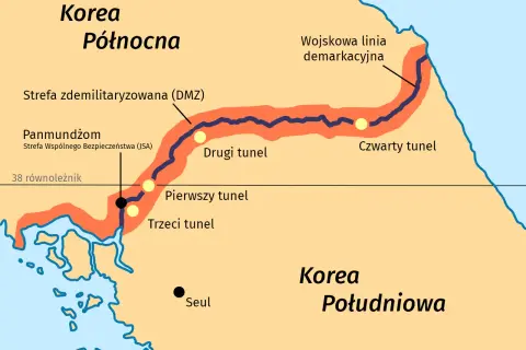Mapa pokazuje Koreę Północną i Południową, zaznaczając DMZ, tunele i Panmundżom. Seul leży na południu.