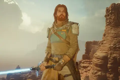 Cal Kestis z mieczem świetlnym, gotowy do walki. Ten jedi survivor poradnik pomoże Ci przetrwać.