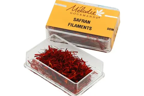 Boîte de safran en filaments Mielodie Gourmande. Découvrez comment utiliser le safran en filaments pour parfumer vos plats.