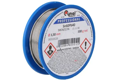 Cyna cynel Sn60Pb40 SW26/2,5% 1,50 mm 100g – idealna do lutowania elektroniki.