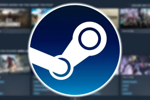 Logo Steam na tle zamazanych okienek gier.